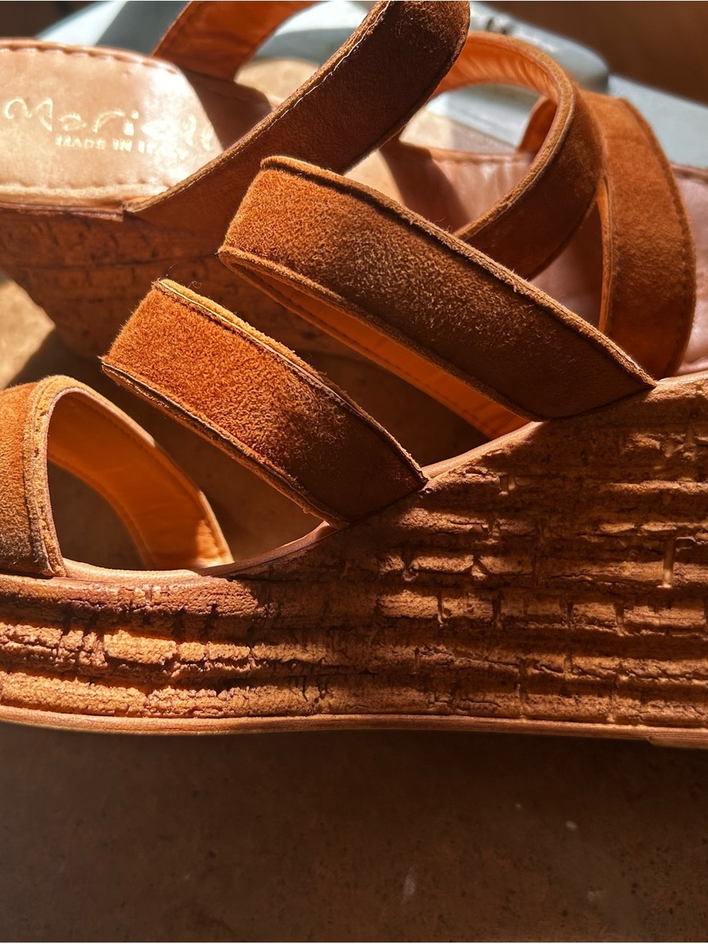 Suede Strappy Cork-Style Wedge Sandals in Burnt Orange